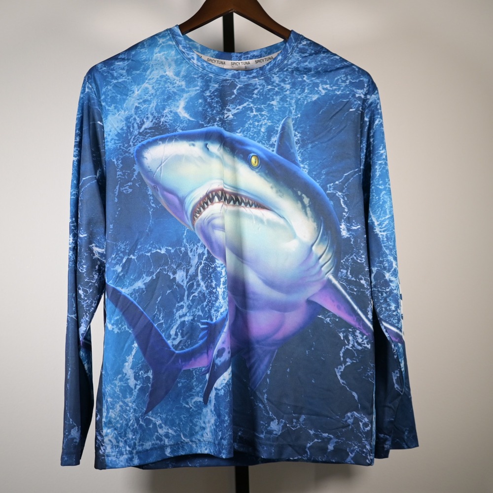 Spicy Tuna Mens XL Shark Graphic Long Sleeve Sun Shirt UPF 50 Nassau Bahama Blue
